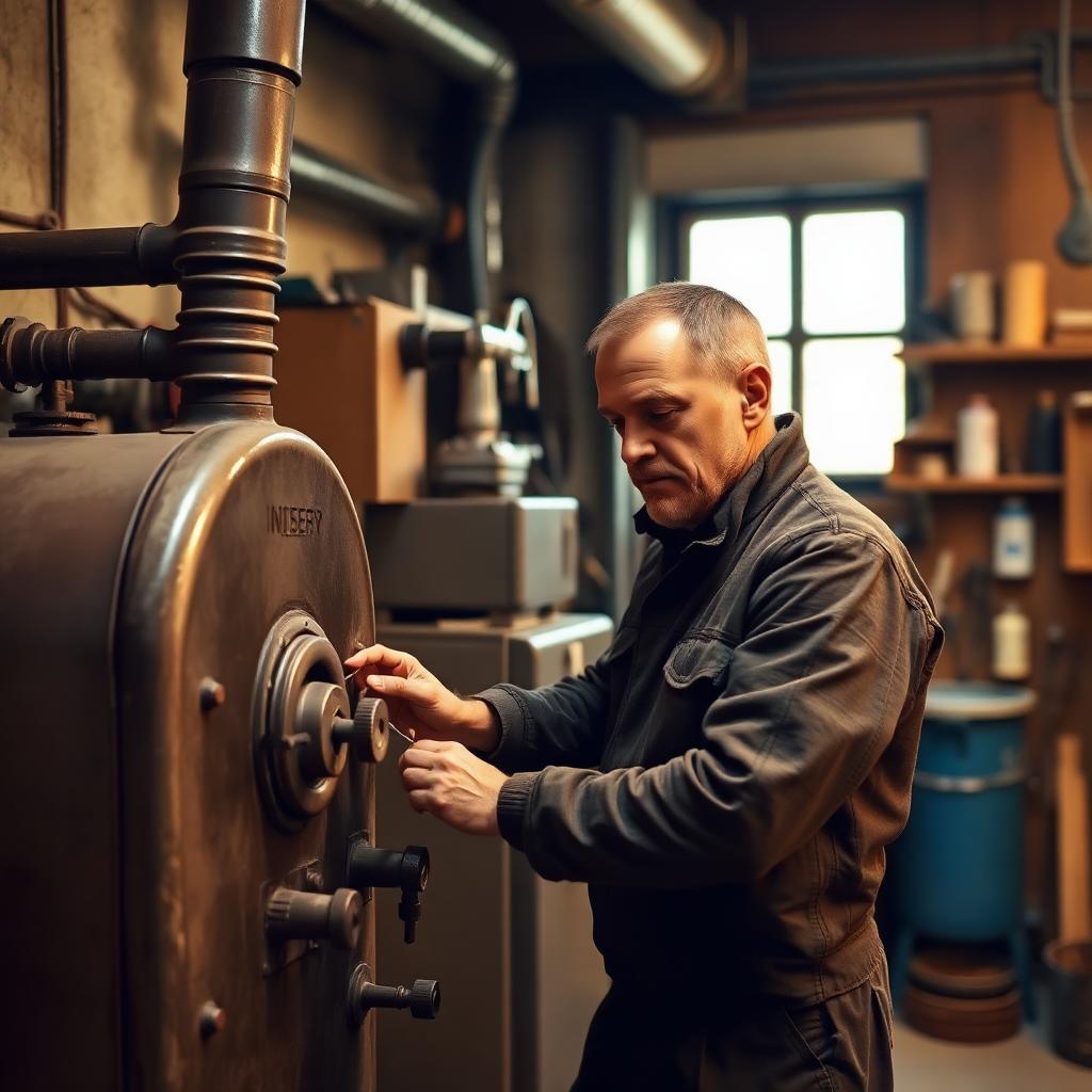 Artisan chauffagiste inspectant une chaudière dans son atelier