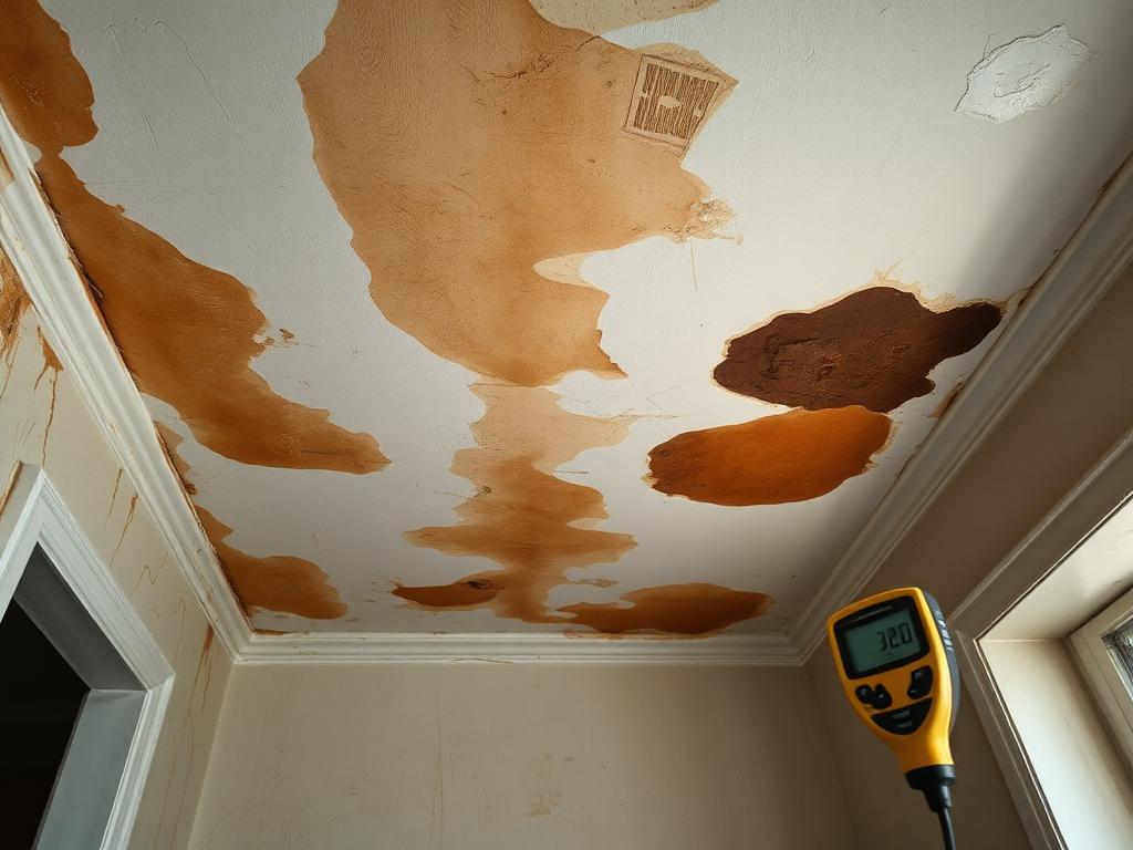 Plafond taché par un dégât des eaux et humidimètre lors du diagnostic à Montrouge