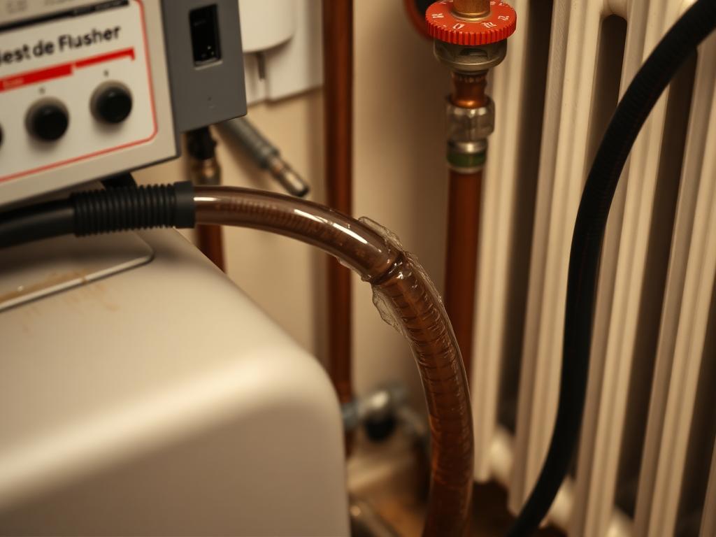 Machine de désembouage raccordée au circuit de chauffage, eau chargée de boues à Courbevoie