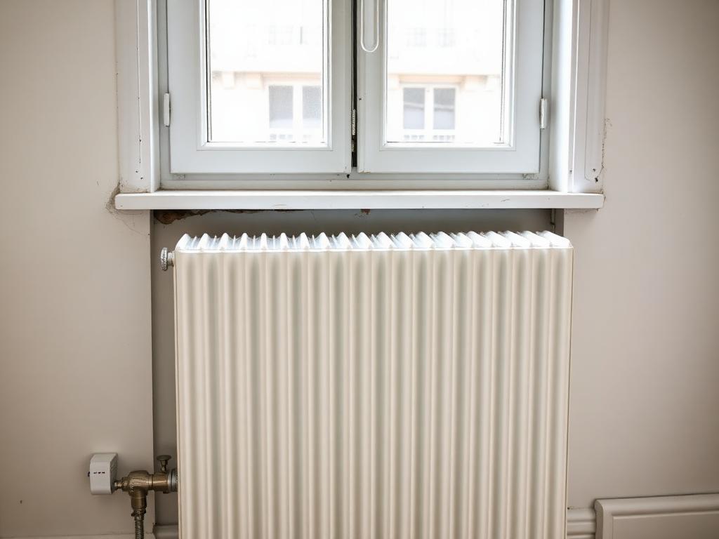 Radiateur panneau acier neuf posé sous fenêtre avec robinet thermostatique à Neuilly-sur-Seine