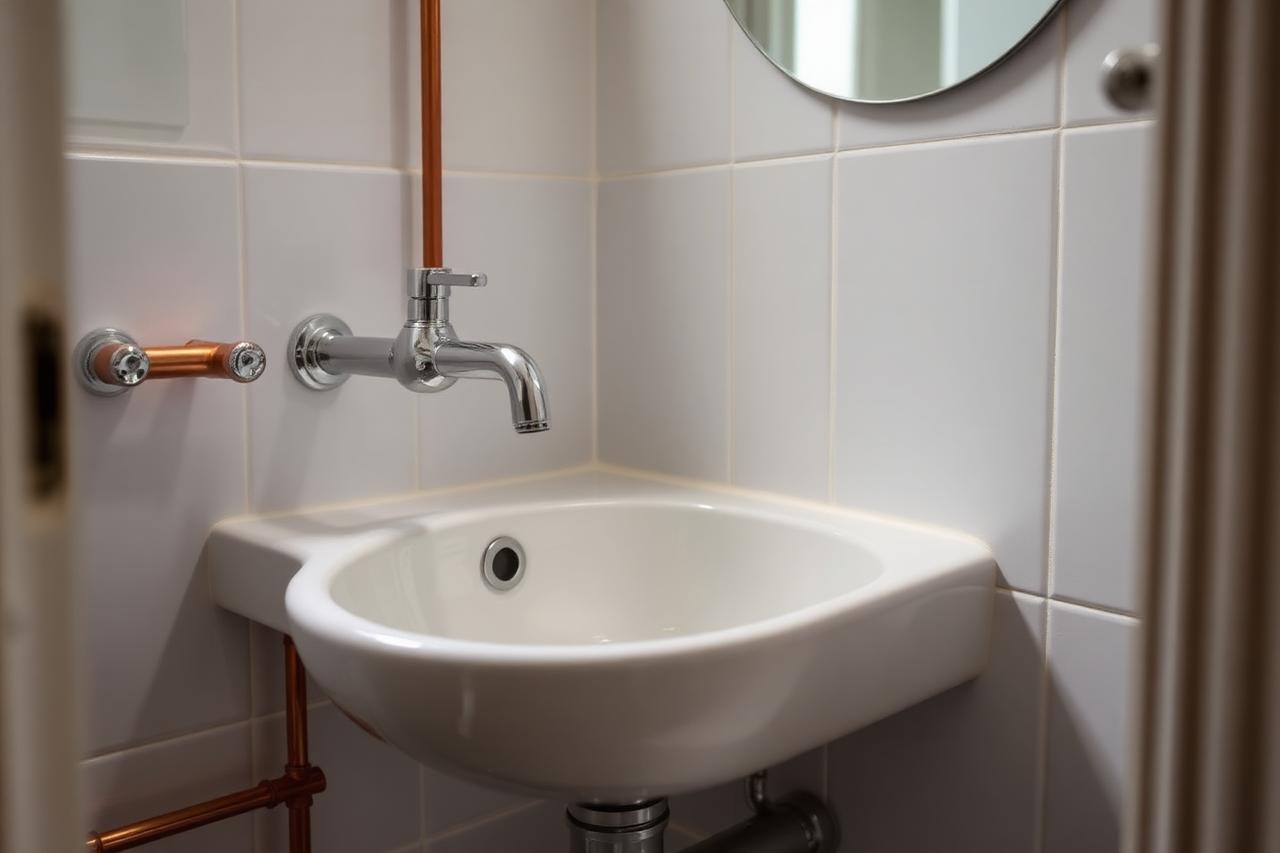 Salle de bain rénovée avec robinetterie neuve et raccords cuivre